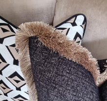 Load image into Gallery viewer, Easton black/ coffee /contrasting luxury natural ruche brush fringe cushion