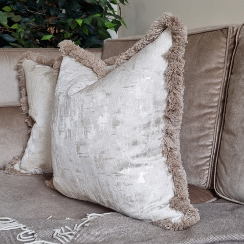 Remona- cream /contrasting luxury Taupe ruche brush fringed cushion (out of stock until June)