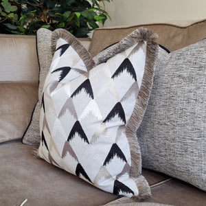 Aspen/ embroidered cushion with contrasting luxury ruche brush fringe