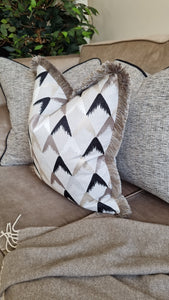 Aspen/ embroidered cushion with contrasting luxury ruche brush fringe