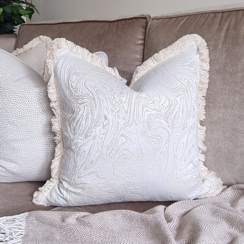 Blakesley- champagne /contrasting luxury cotton ruche brush fringe cushion