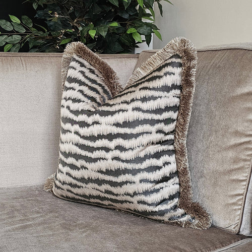 Torrent- Fossil /contrasting luxury ruche brush fringed cushion