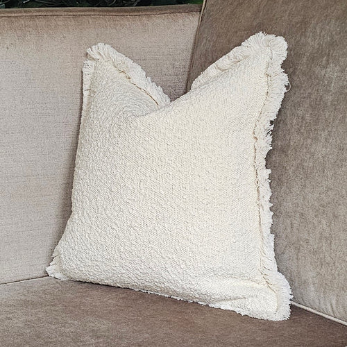 Oban/ cream boucle natural ruche fringed cushion Archroll fabrics