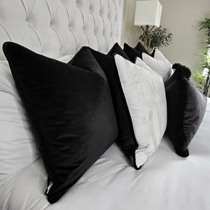 Kristy set of 6 ruche fringe/ piped cushions black monochrome