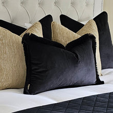 Load image into Gallery viewer, Black velvet- black ruche brush fringed cushion