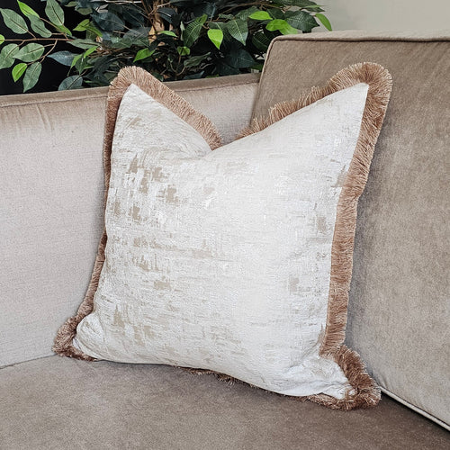 Remona- cream /contrasting luxury light brown ruche brush fringed cushion