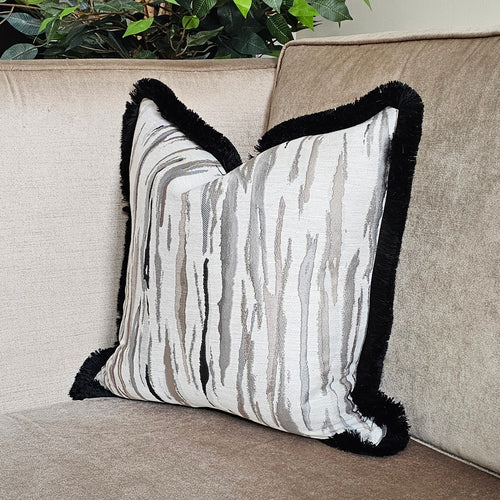 Scape- Dove grey /contrasting luxury black ruche brush fringed cushion