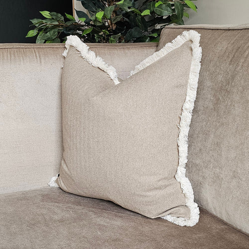 Harris- Putty /contrasting ivory fringed Herringbone cushion