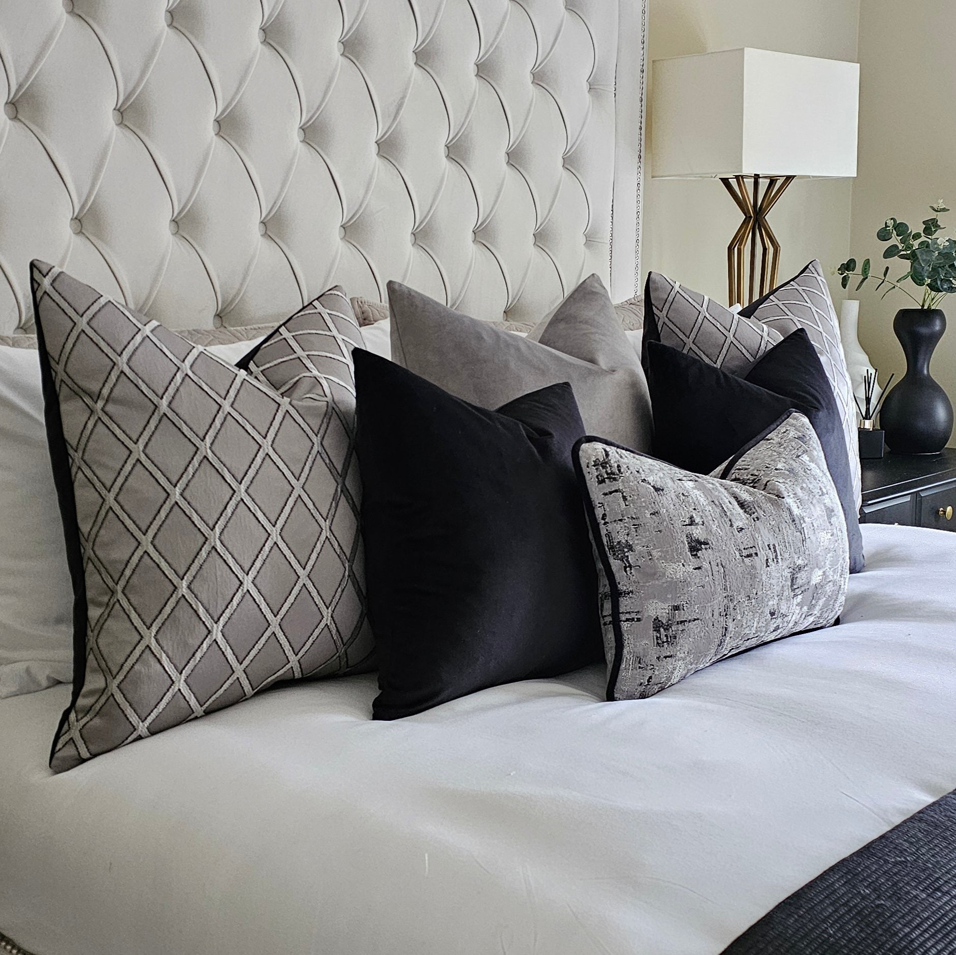 Fairmont set grey set 6 bespoke textured cushions bed sofa feather insert Pink Orchid Interiors