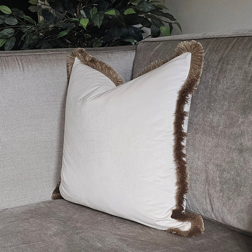 Cream velvet /contrasting antique gold ruche brush fringed cushion