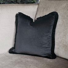 Load image into Gallery viewer, Black velvet- black ruche brush fringed cushion