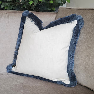 Conran- natural /contrasting luxury deep blue ruche brush fringed cushion