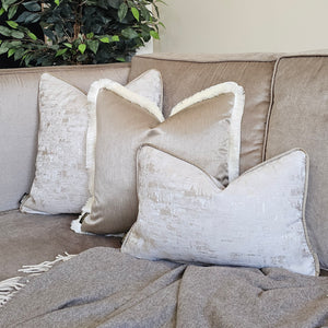 Remona cream/ gold set of 6 ruche fringe/ piped cushions