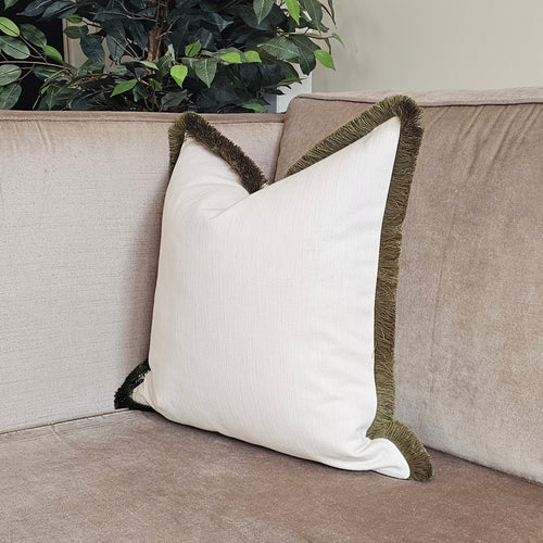 Conran- natural /contrasting luxury olive ruche brush fringed cushion