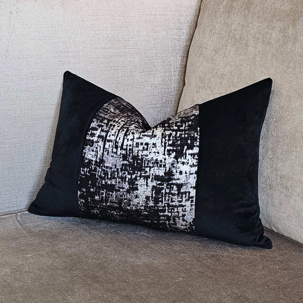 Eve black silver rectangle panelled cushion cover black velvet