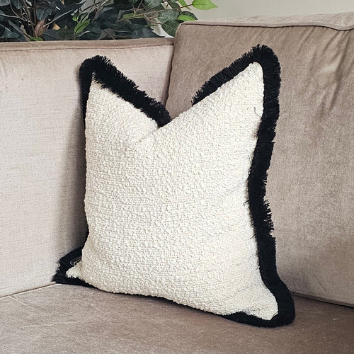Arlo/ Ivory  /contrasting luxury black ruche brush fringe cushion