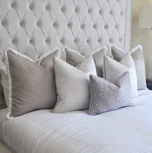 Glamour white/ Clarisa grey set of 6 ruche fringe/ piped cushions