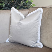 Load image into Gallery viewer, Clarisa- grey /contrasting white ruche brush fringed cushion