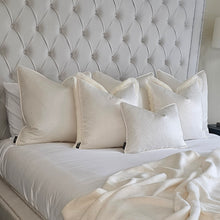 Load image into Gallery viewer, Diamond ivory / Clarisa ivory bed set of 6 ruche fringe/ piped cushions