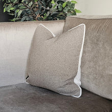 Load image into Gallery viewer, Boucle- taupe / textured boucle cushion / neutral contrasting piping