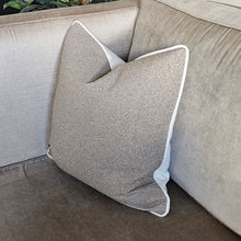 Load image into Gallery viewer, Boucle- taupe / textured boucle cushion / neutral contrasting piping