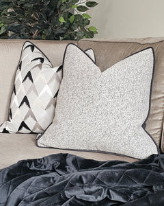 Ash- Luxury textured cushion in black/ grey & neutral with contrasting piping