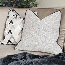 Load image into Gallery viewer, Aspen- Luxury embroidered cushion in black/ grey &amp; neutral with contrasting piping