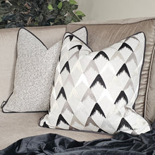 Load image into Gallery viewer, Aspen- Luxury embroidered cushion in black/ grey &amp; neutral with contrasting piping