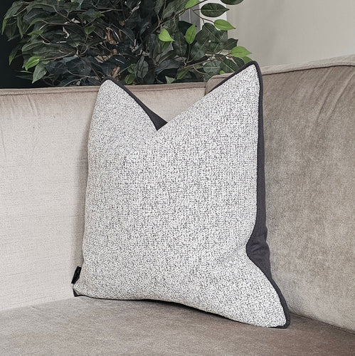 Ash- Luxury textured cushion in black/ grey & neutral with contrasting piping
