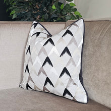 Load image into Gallery viewer, Aspen- Luxury embroidered cushion in black/ grey &amp; neutral with contrasting piping