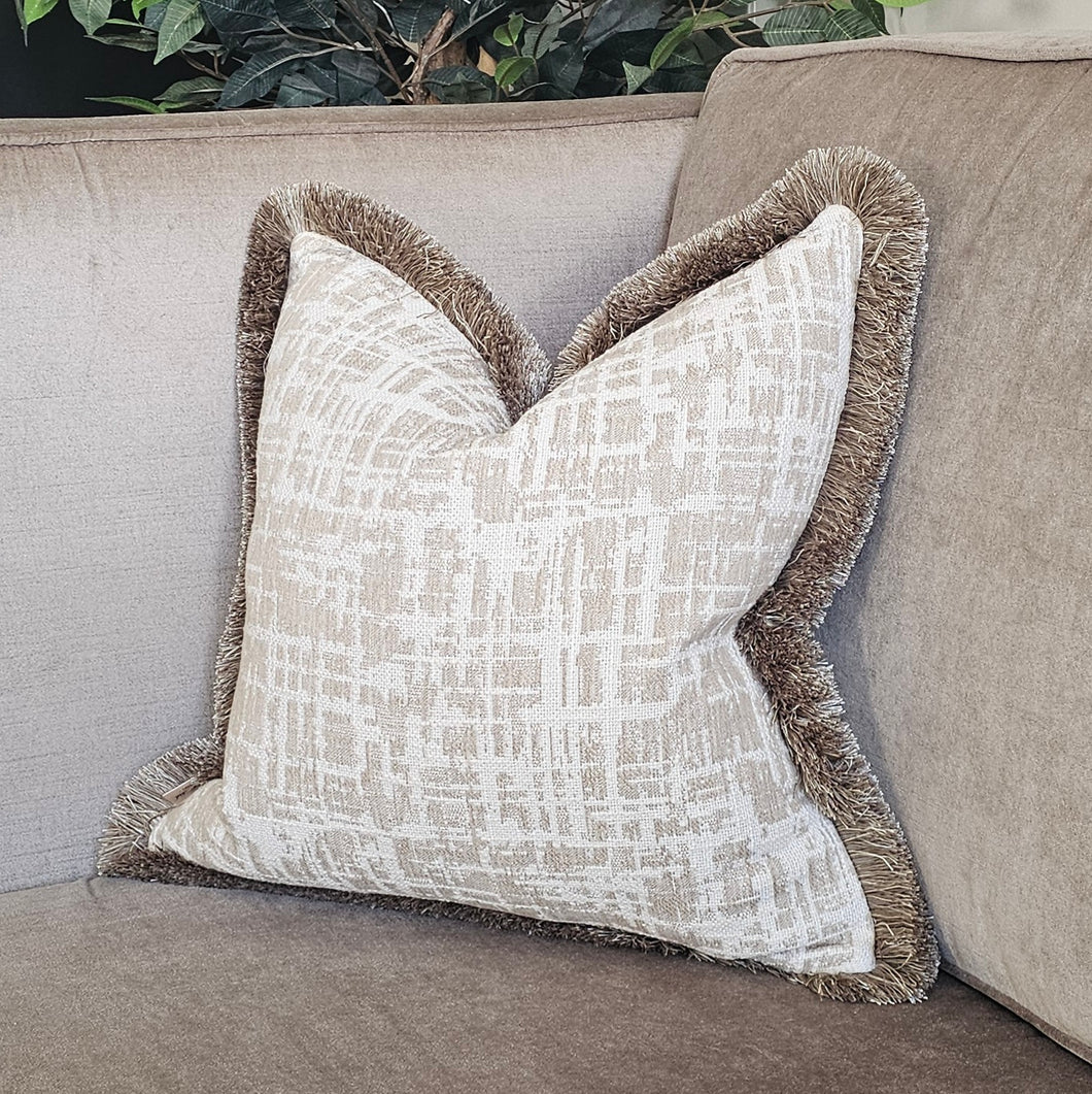 Carden/ neutral ruche fringed cushion