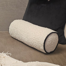 Load image into Gallery viewer, Cream boucle textured bolster cushion with contrasting black piping