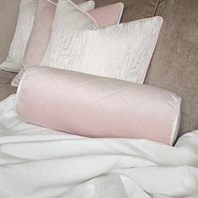 Load image into Gallery viewer, Baby pink quilted velvet  bolster cushion/ Ice white piping