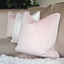 Load image into Gallery viewer, Baby pink velvet cushion/ Ice white piping