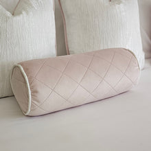 Load image into Gallery viewer, Baby pink quilted velvet  bolster cushion/ Ice white piping