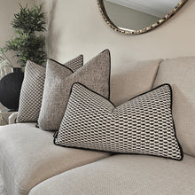 Load image into Gallery viewer, Logan/ Luxury black/ neutral textured cushion with contrasting piping