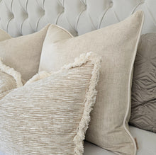Load image into Gallery viewer, Hampton/ neutral set of 5 ruche fringe/ piped cushions