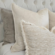 Load image into Gallery viewer, Hampton/ neutral set of 5 ruche fringe/ piped cushions