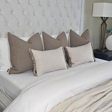 Load image into Gallery viewer, Taupe boucle set of 5 ruche fringe/ piped cushions