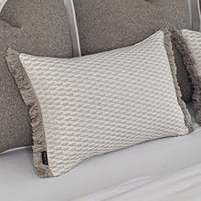 Load image into Gallery viewer, Taupe boucle set of 5 ruche fringe/ piped cushions
