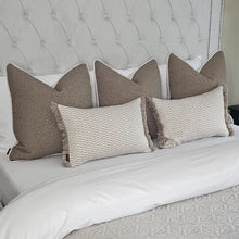 Load image into Gallery viewer, Taupe boucle set of 5 ruche fringe/ piped cushions
