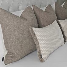 Load image into Gallery viewer, Taupe boucle set of 5 ruche fringe/ piped cushions