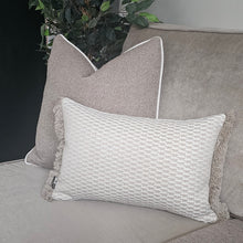 Load image into Gallery viewer, Taupe boucle set of 5 ruche fringe/ piped cushions