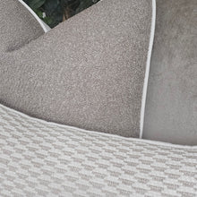 Load image into Gallery viewer, Taupe boucle set of 5 ruche fringe/ piped cushions