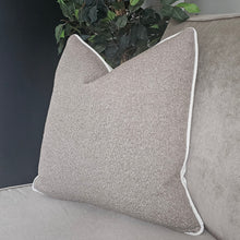 Load image into Gallery viewer, Taupe boucle set of 5 ruche fringe/ piped cushions