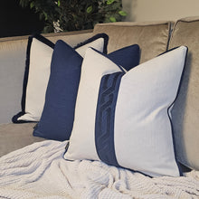 Load image into Gallery viewer, Conran- natural /contrasting luxury navy blue ruche brush fringed cushion