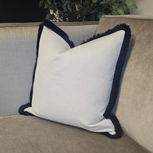 Load image into Gallery viewer, Conran- natural /contrasting luxury navy blue ruche brush fringed cushion