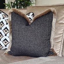 Load image into Gallery viewer, Easton black/ coffee /contrasting luxury natural ruche brush fringe cushion