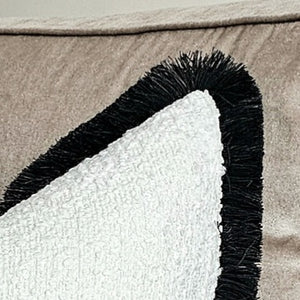 Arlo/ ivory white /contrasting luxury black ruche brush fringe cushion