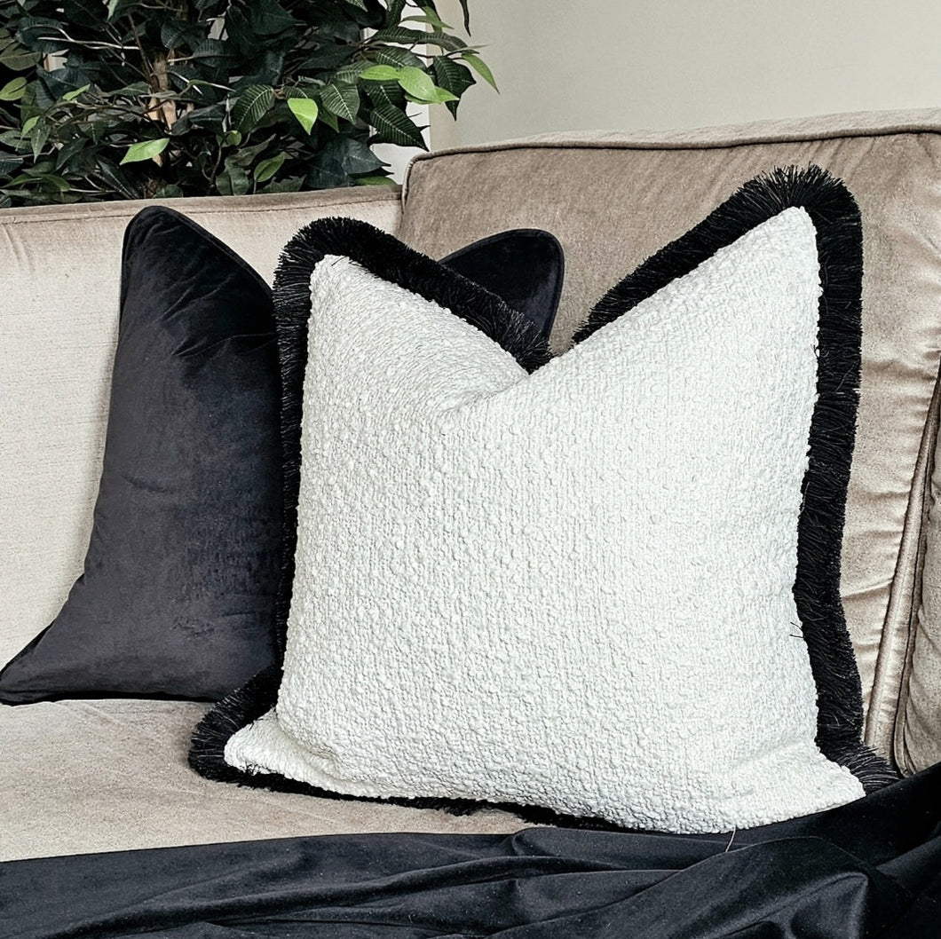 Arlo/ ivory white /contrasting luxury black ruche brush fringe cushion